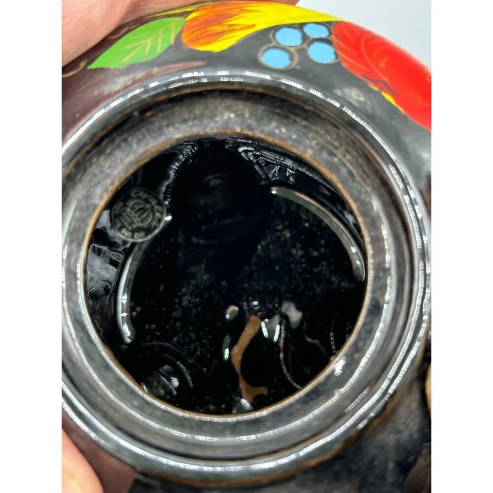 Vtg Wales Black Teapot With Hand Painted Fruit Design Coiled Metal‎ Handle